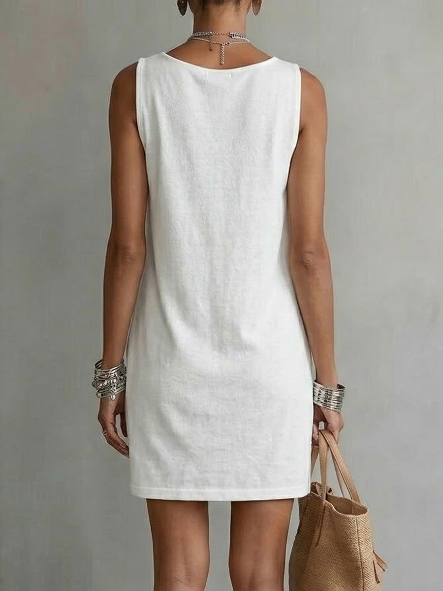 Vestido de algodón cuello drapeado — Milano Vibes — Blanco
