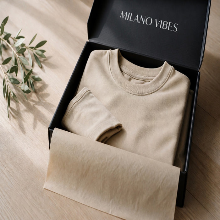 Prenda Milano Vibes empaquetada en caja brandeada