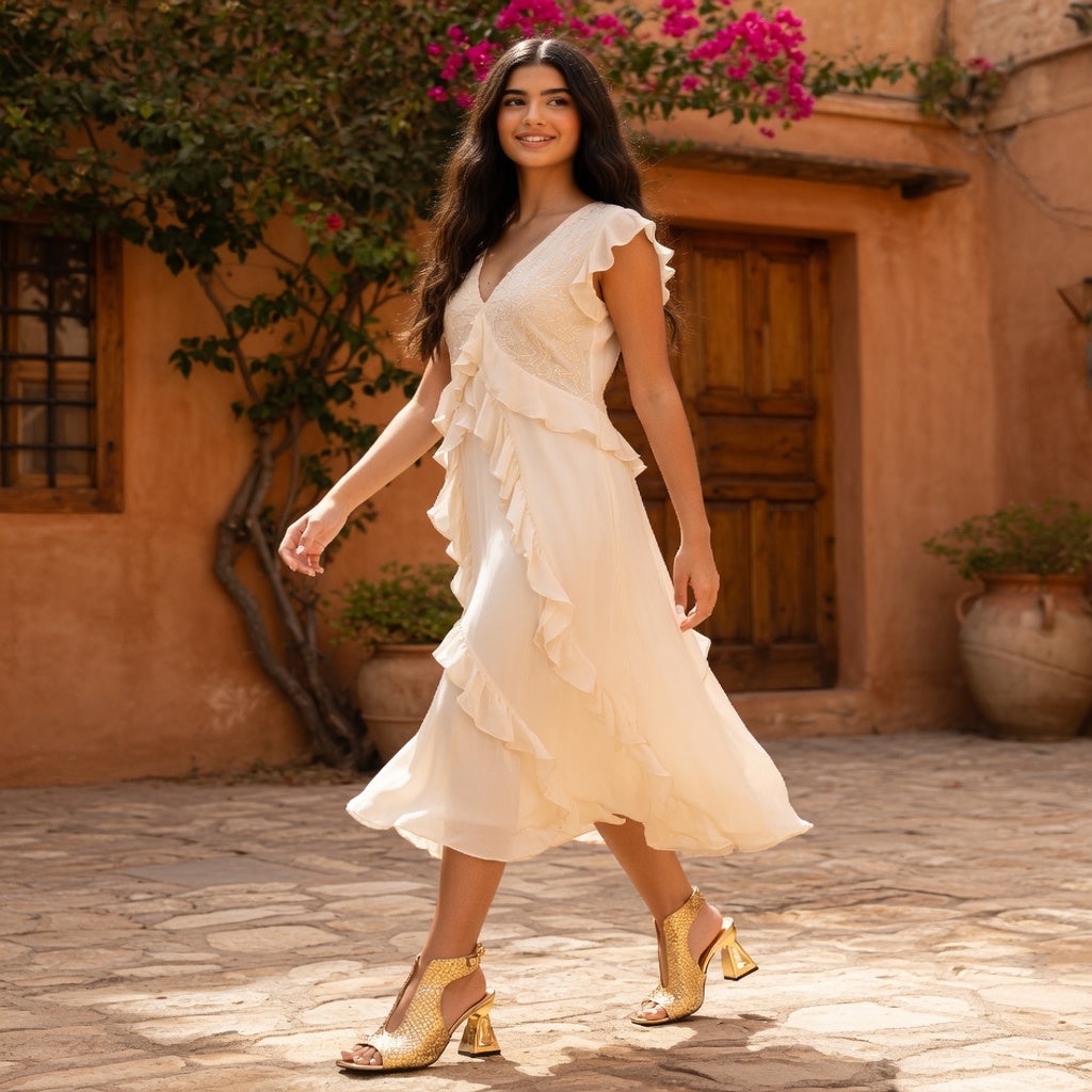 Sandalias Capri doradas, look de día en patio mediterráneo