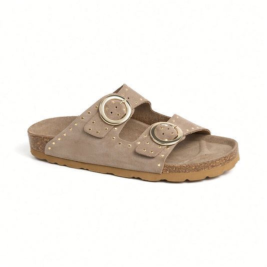 Sandalia de ante beige con doble hebilla dorada Milano Vibes