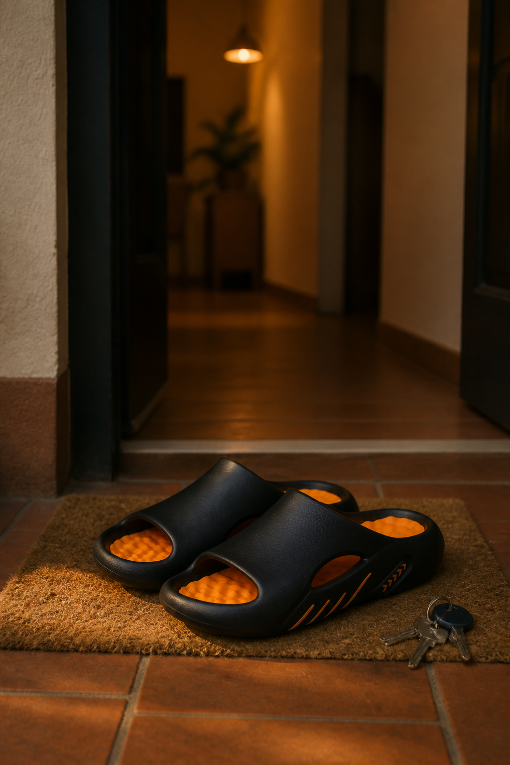 Las Sandalias Milano Comfort esperando sobre el felpudo en la entrada de casa al caer la tarde