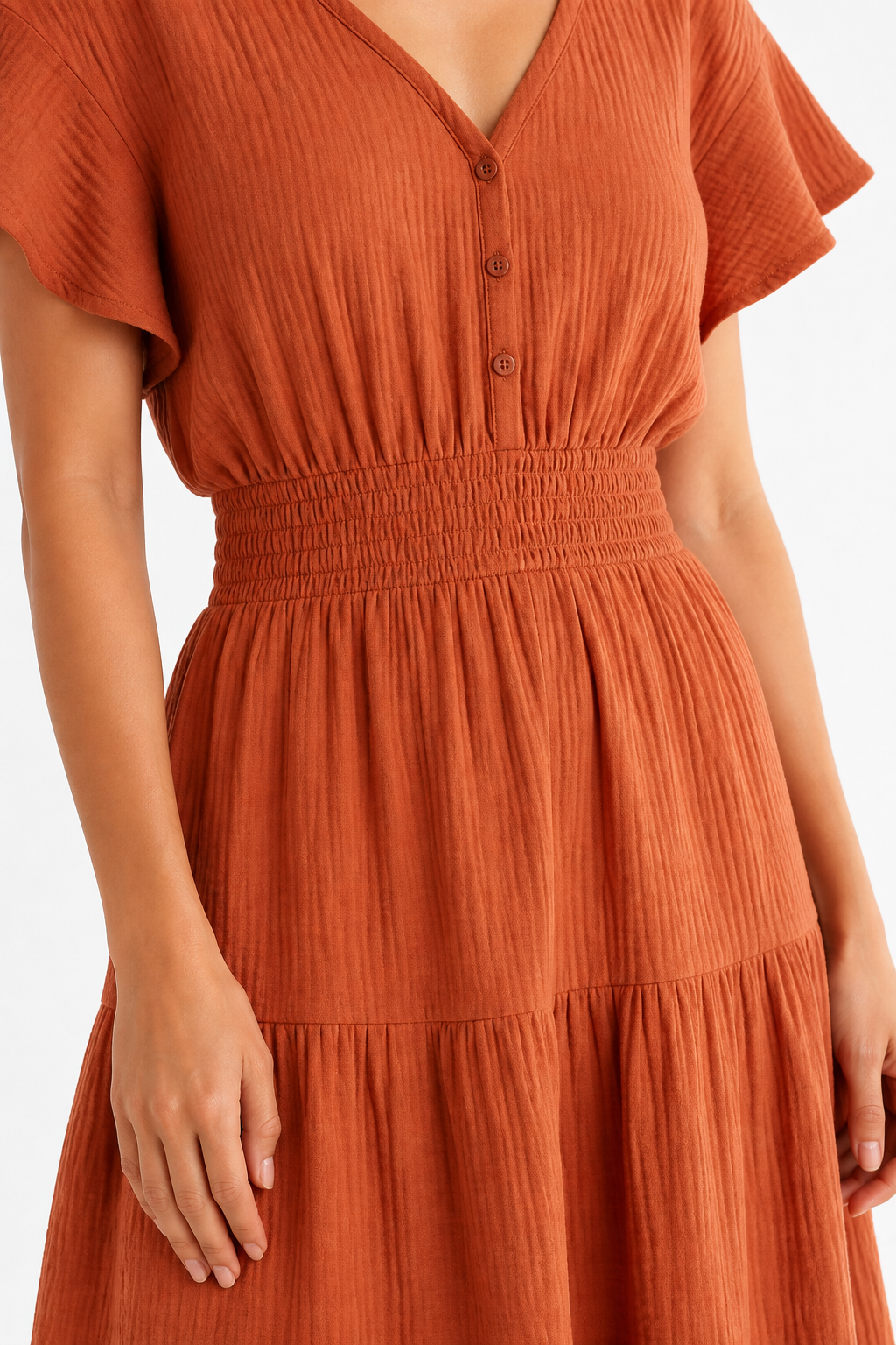 Vestido largo boho terracota - detalle cintura fruncida y tejido
