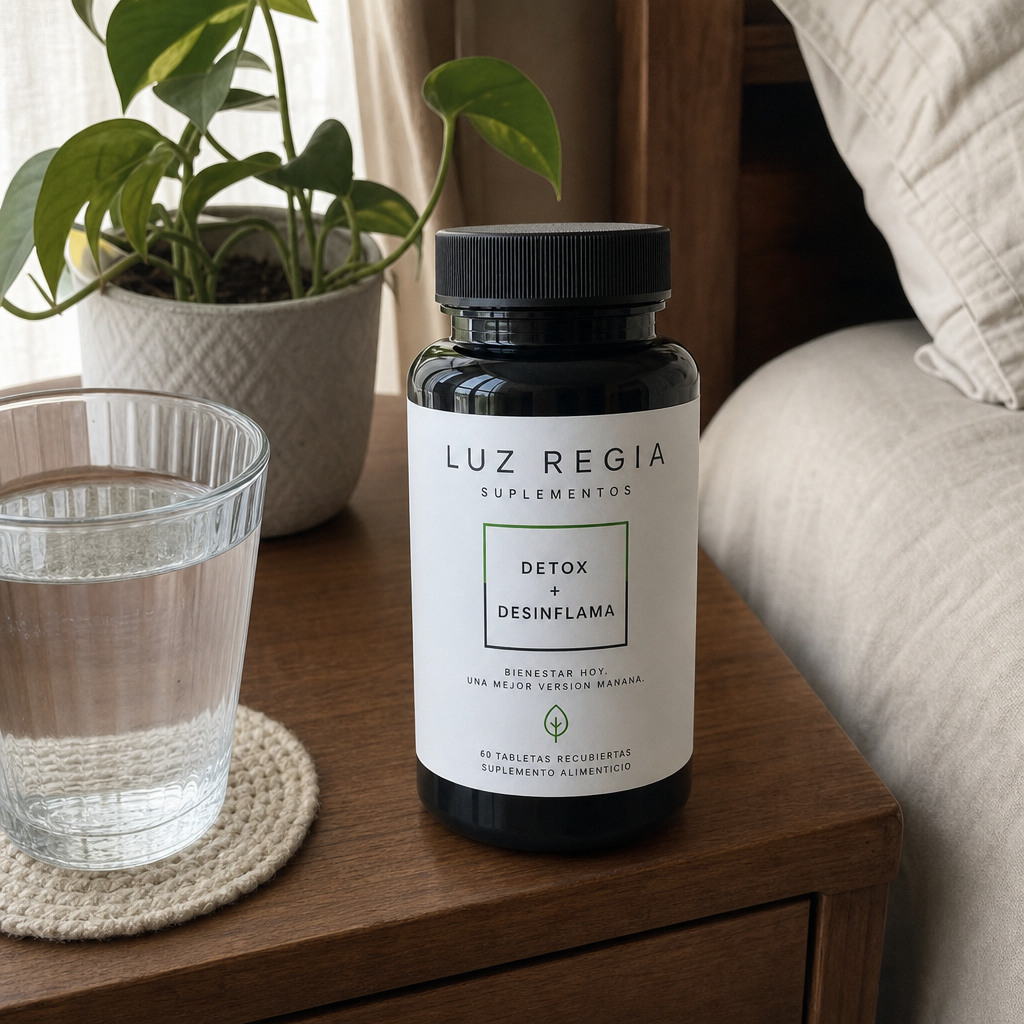 Frasco Detox + Desinflama Luz Regia en un buró junto a un vaso de agua