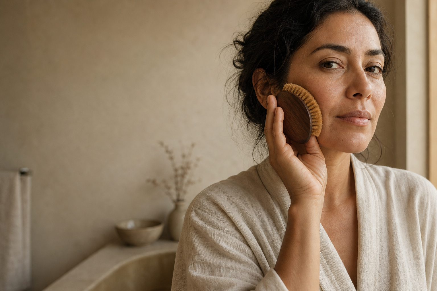 Mujer usando el Cepillo Facial Milano en su rutina de la mañana